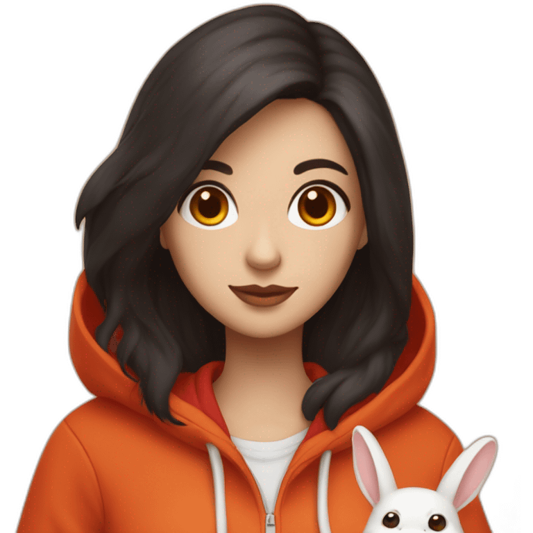 woman with white skin with brown eyes and long wavy black hair in a red hoodie is holding a very fluffy orange rabbit emoji