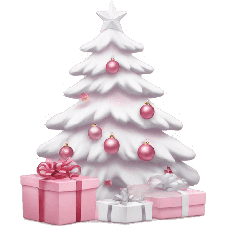 Light pink Christmas gifts under a white Christmas tree  emoji