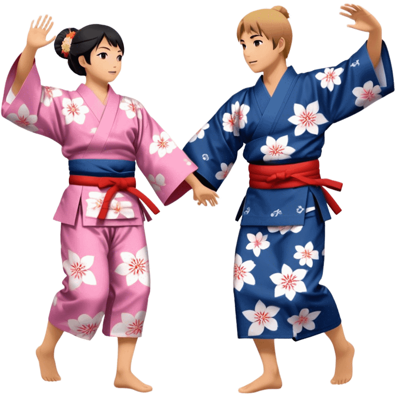 Cinematic Realistic scene of two performers engaging in Bon Odori, dressed in traditional yukata with intricate summer patterns, captured in graceful, rhythmic motion with warm, festive lighting emoji