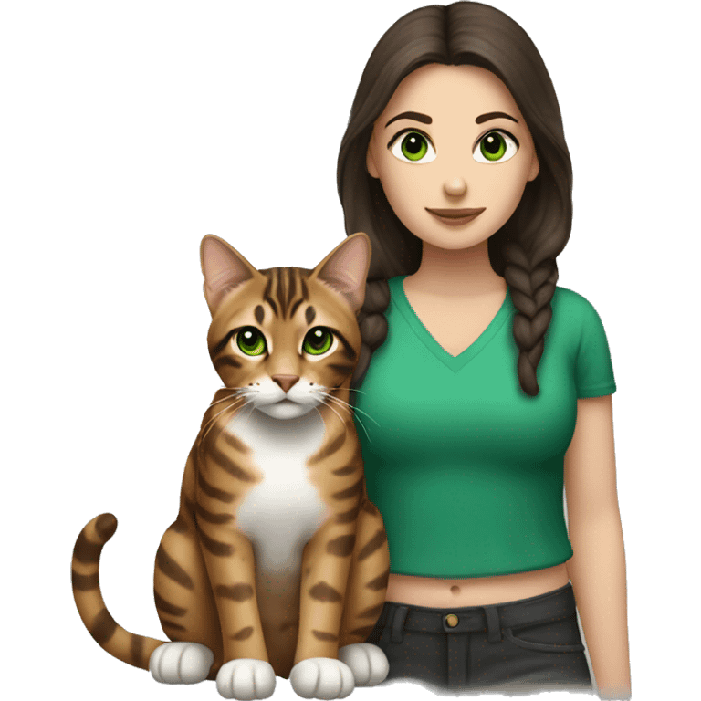 White skin girl with dark brown hair and a bengal cat with green eyes emoji