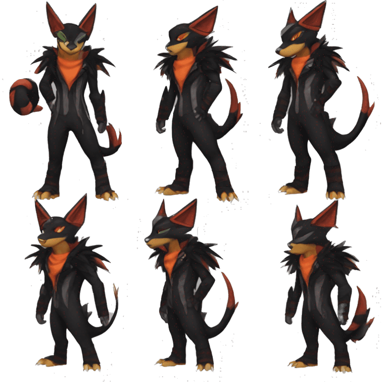 Cool Anthro Black Noivern-Houndoom-Litten-Pokémon with edgy stripes hoodie spiked collar punk Full Body emoji