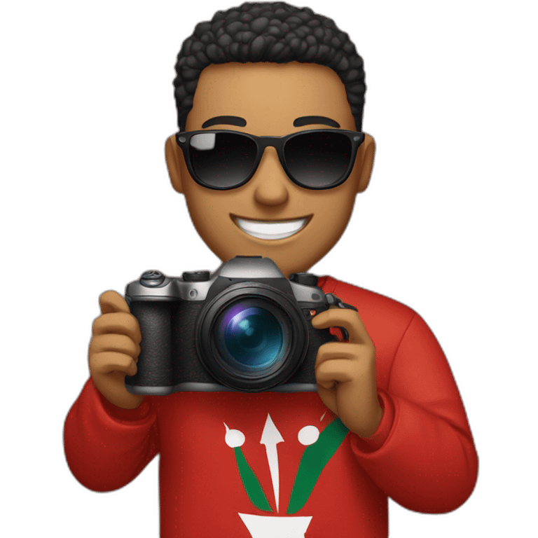 A face wearing sunglasses and a smile, holding a Canon camera in one hand, an iPhone in the other hand, and wearing a Moroccan national team shirt.  emoji