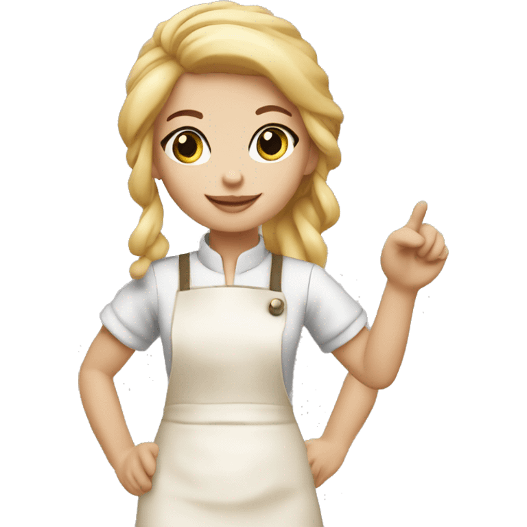 create a little blonde baker doll pointing with her little hand emoji