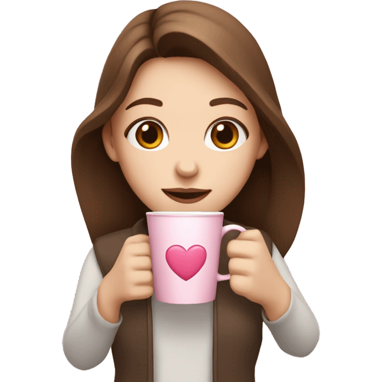 pale girl with brown hair holding a pink coffee cup with a heart in the middle emoji