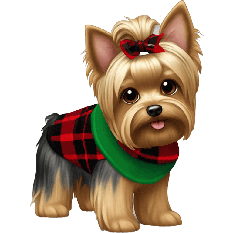 brown and white yorkie with a red and black plaid sweater the a name tag bruno with a green christmas bandana around the neck emoji