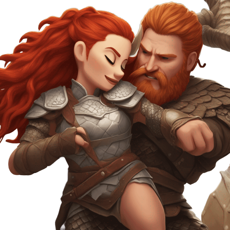 Viking red head beautiful  dragon  queen with a killed Viking solder with a man bun laying down on a dragon  emoji