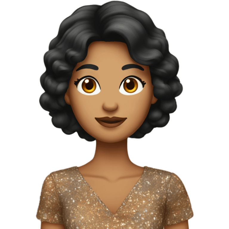 Tanned woman with black hair wearing 1970s style dress and hair emoji