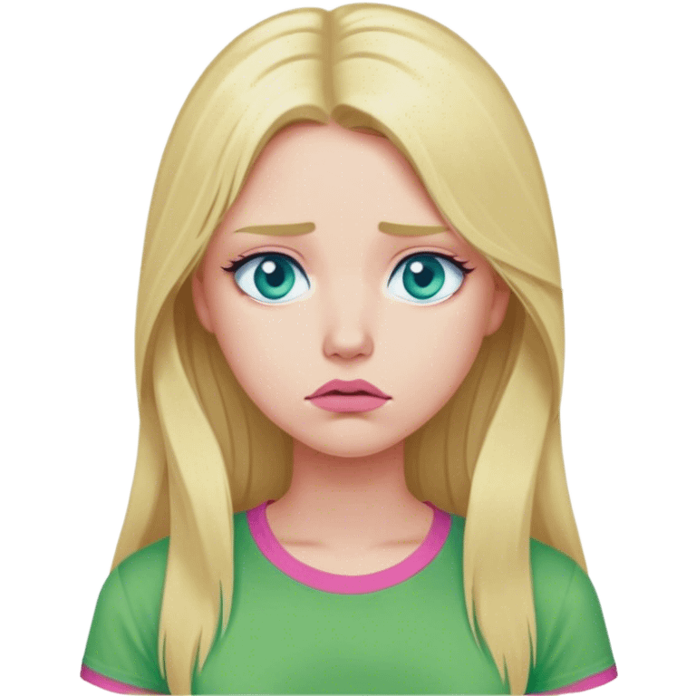 Cinematic realistic blonde with long hair, blue eyes and pink lips, wearing a green T-shirt, sad emoji