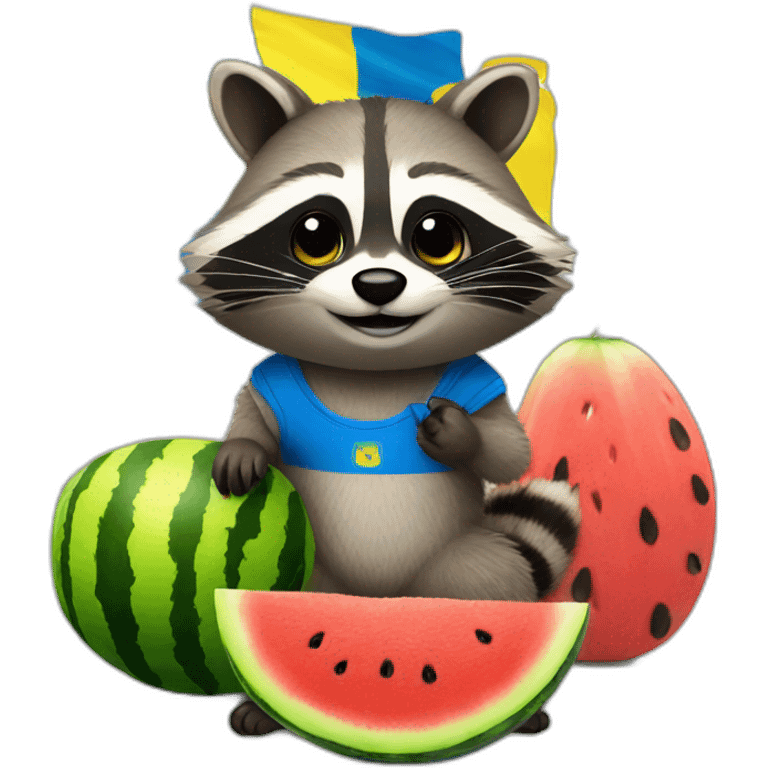 raccoon with a watermelon and the Ukrainian flag emoji