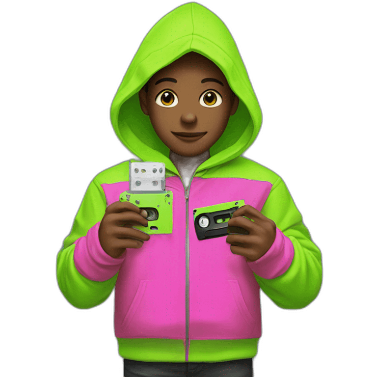 boy in neon green hoodie with cassette in his hand emoji