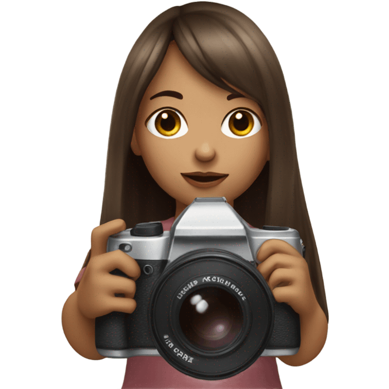 Realistic camera girl with camera and brown long hair and a fringe emoji