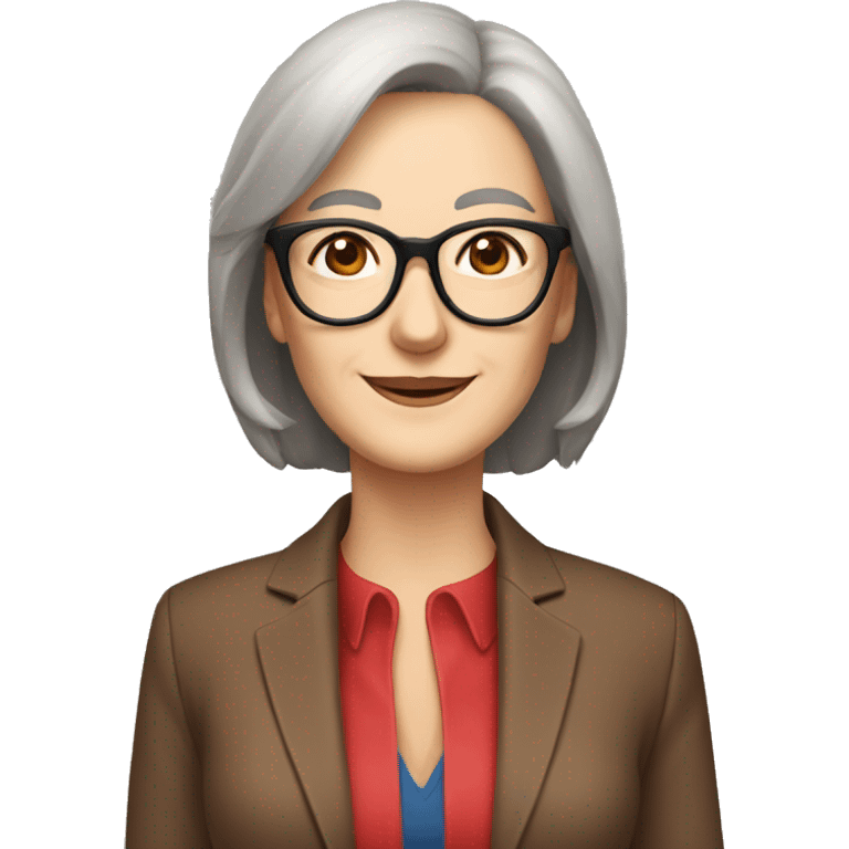 Woman in her 60s, with brown hair, pale skin, glasses, brown eyes, smiling wearing a red blazer, collared shirt,  jeans emoji