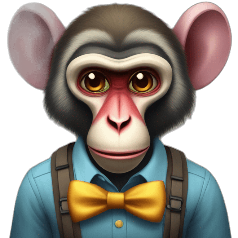 Funny Mandrill with a human look wears a shirt and Suspenders in the shirt neck a butterfly like a clown emoji