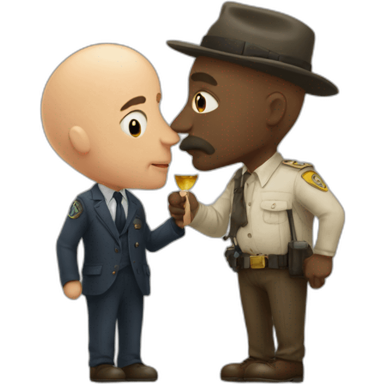 African bald older man detective with hat kisses tall older european man detective  emoji