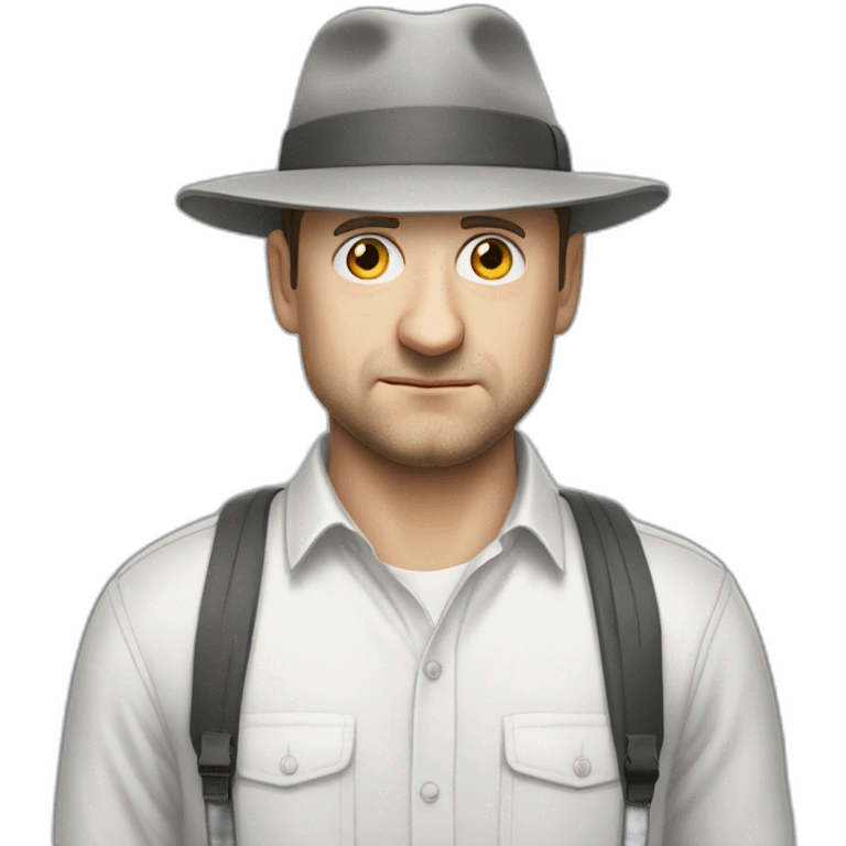 tim robinson wearing a grey fedora white shirt only looking scared and sad facing left - fabric attached to back of hat covering neck emoji