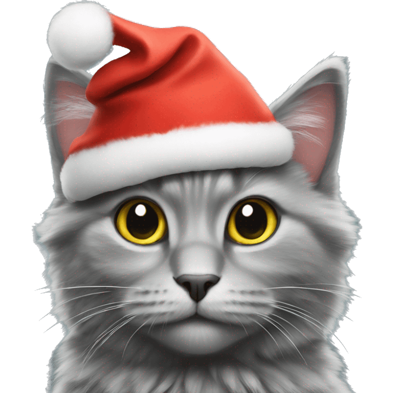 grey fluffy cat wearing Christmas hat emoji