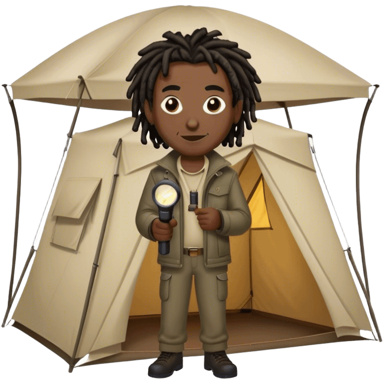 dark skinned black man with short dreads standing over a tent aiming his flashlight at the tent with an evil smile on his face emoji