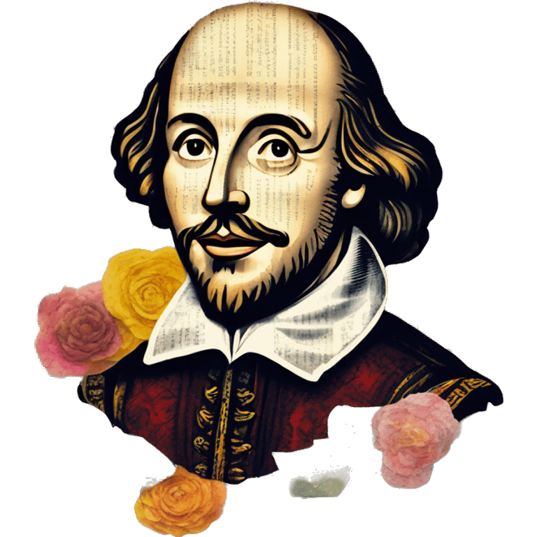 Shakespeare made of newspaper cuttings wearing flowers, stained glass, fairy lights, bokeh, annotated sketch, handwritten letters, collage of intricate patterns, lantern, bokeh, blur emoji