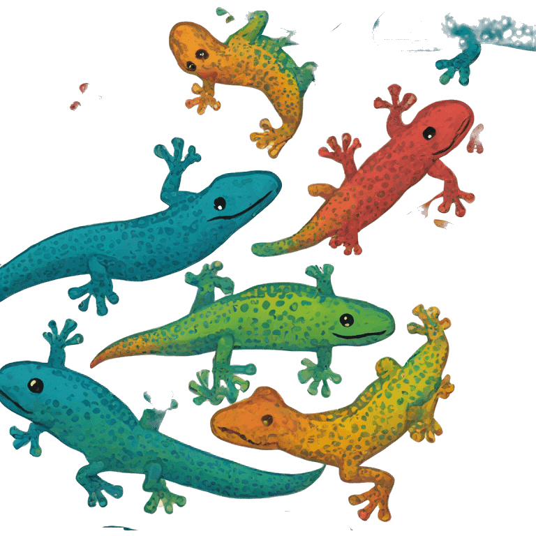 Abstract quirky funky made of different shapes gecko and squiggles linocut multicoloured illustrations  emoji