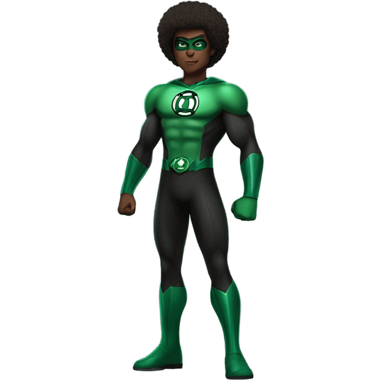 A full body Muscular Afro teenage boy standing in a green and black Green Lantern superhero costume. emoji