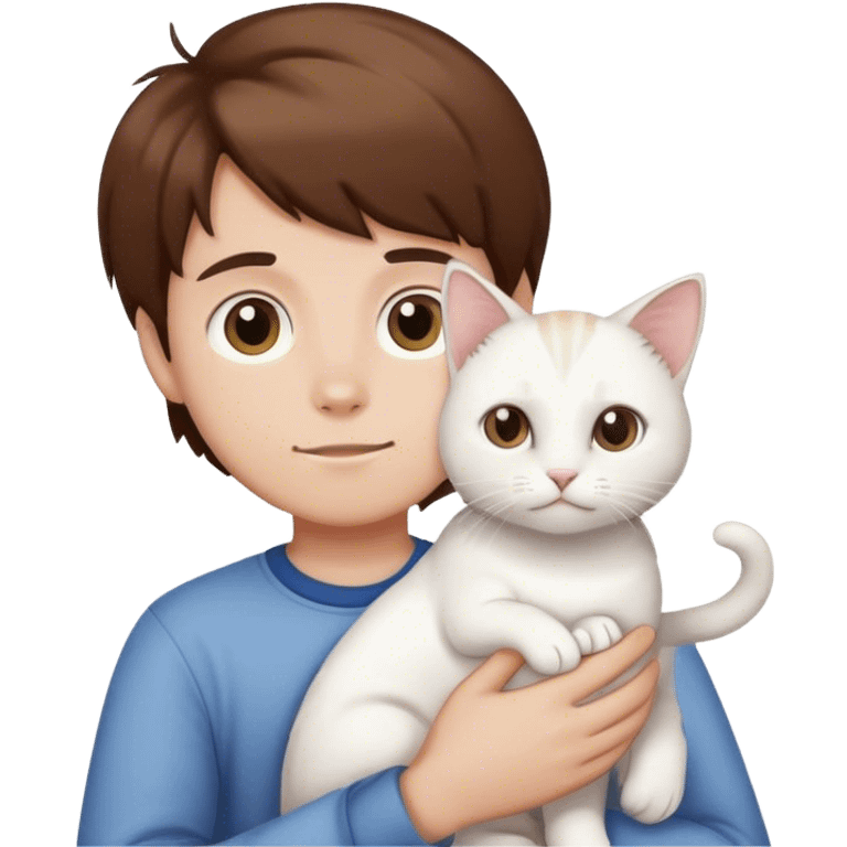 Boy with brown hair holding white cat emoji