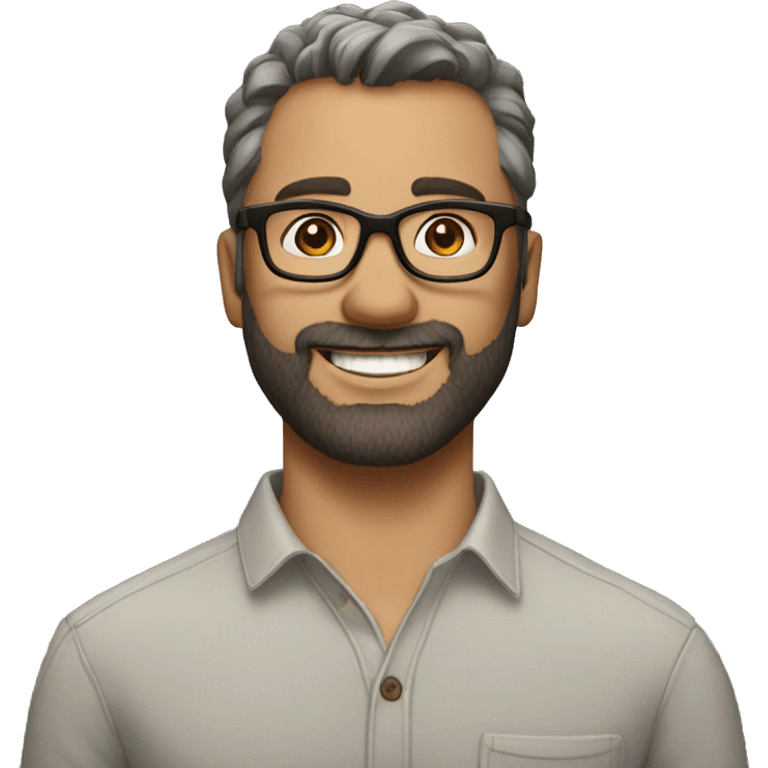 Man aged 39. Short stripped hair and short brown beard, big brown eyes, gray opthical glasses, big smile emoji