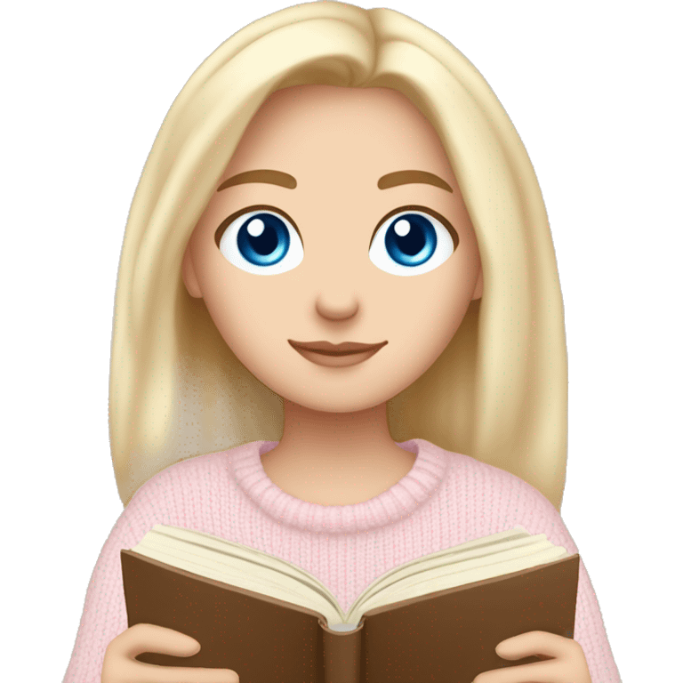 Pretty blue eyed white girl with light pink sweater reading cozy emoji