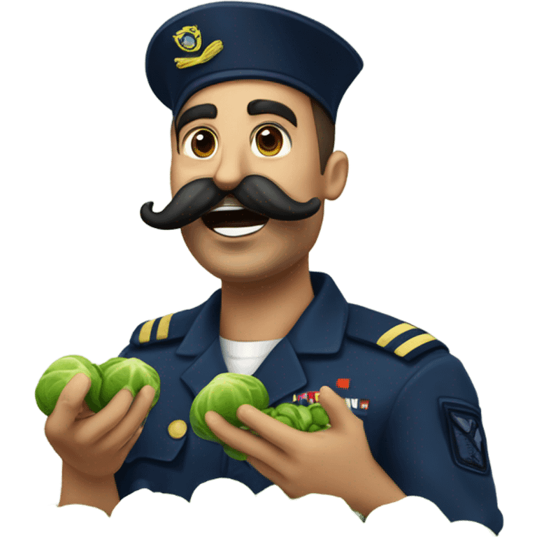 Navy guy with moustache being goofy with Brussels sprouts  emoji