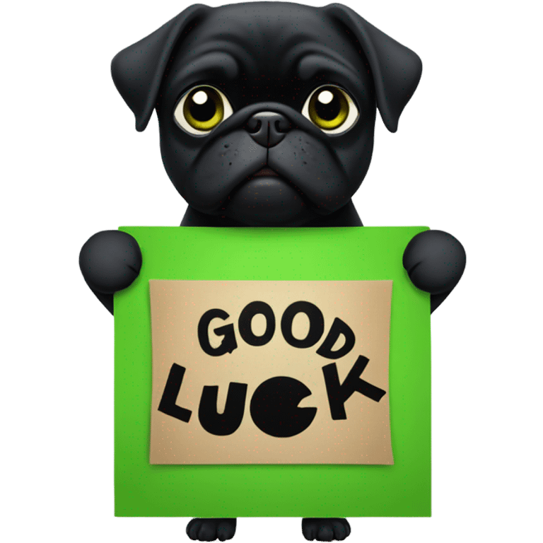 Black pug holding a green sign that says good luck  emoji