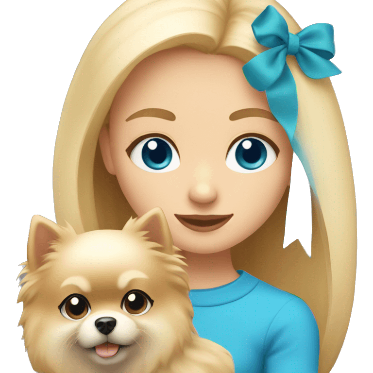 blond hair girl blue eyes holding a blond pomeranian emoji