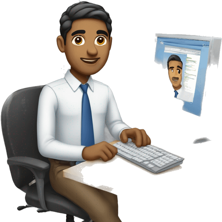 indian guy light skin, using computer at work business clothes western emoji