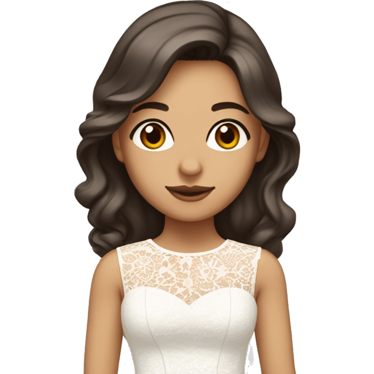 Adult woman with brown eyes, light tanned skin, long wavy dark brown hair, wearing a white lace dress emoji