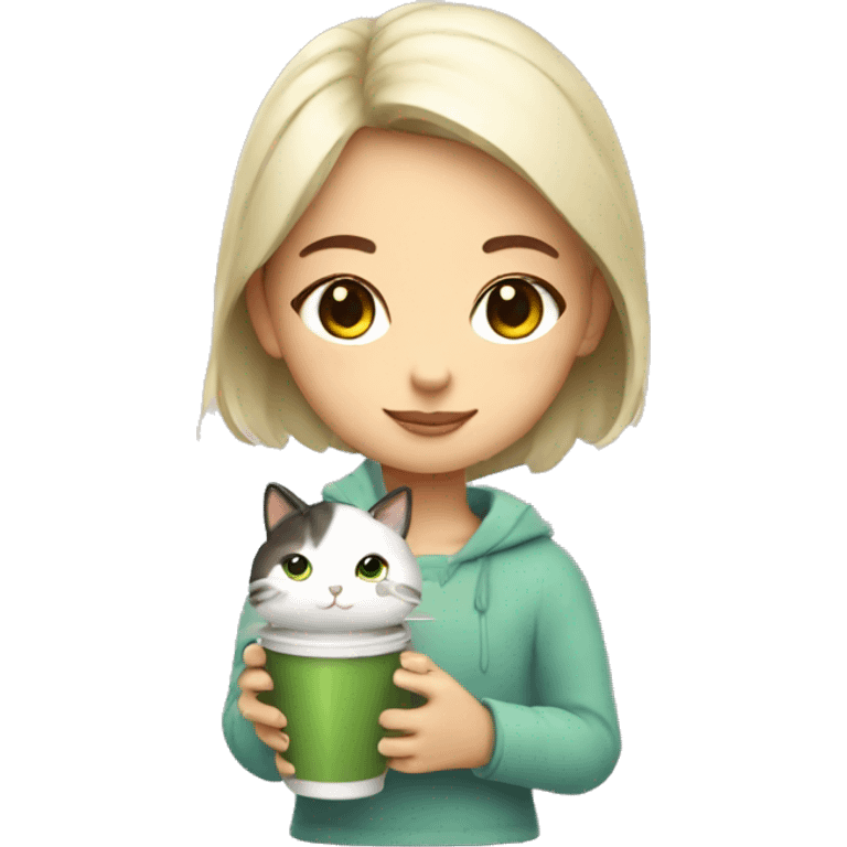 Cute girl holding a cat and cup of iced matcha  emoji