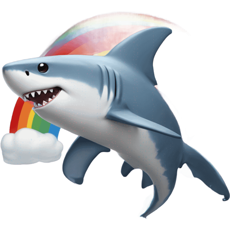 Shark with legs, riding a unicorn over a rainbow emoji