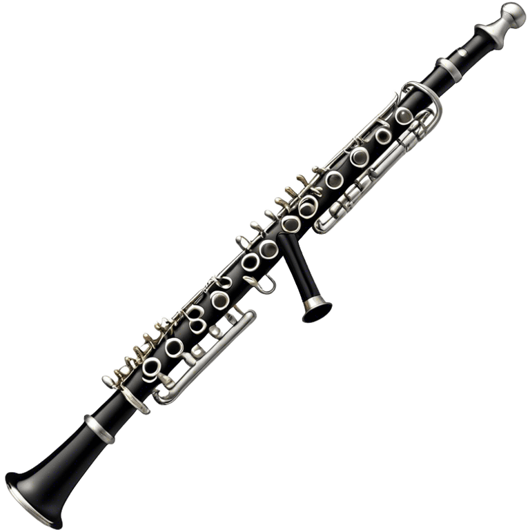 Create a sleek and professional emoji representing a black standard clarinet. The design should feature a smooth, glossy black body of the clarinet with shiny, silver keys clearly visible. Highlight the intricate details of the mouthpiece and reed at the top, while the body of the instrument should remain simple and elegant. Add subtle musical notes or soundwaves floating around the instrument to symbolize its clear, melodic sound. Use black for the body, silver for the keys, and soft lighting effects to give the instrument a polished, sophisticated look. The background should be transparent. emoji