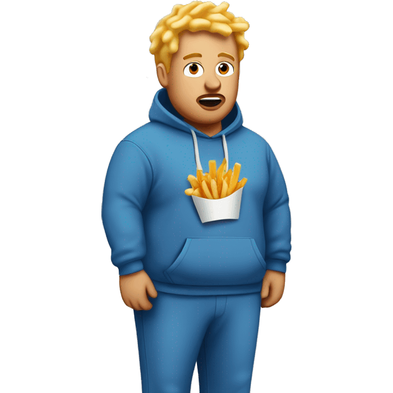 obese blonde man in dirty blue sweatsuit with chili cheese fries in his mouth emoji