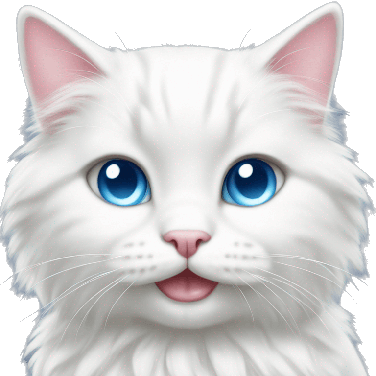 A happy cute fluffy white cat with blue eyes and a light pink bow  emoji