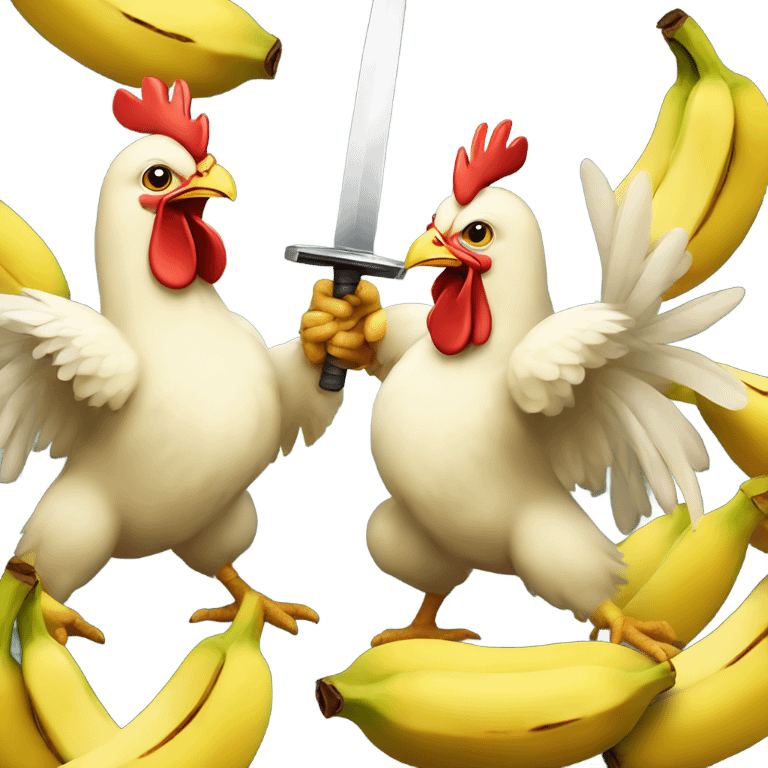 Chickens sword fighting using bananas emoji