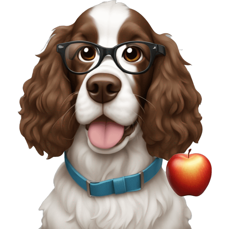 Isaac Newton as a Springer Spaniel with an apple and glasses emoji