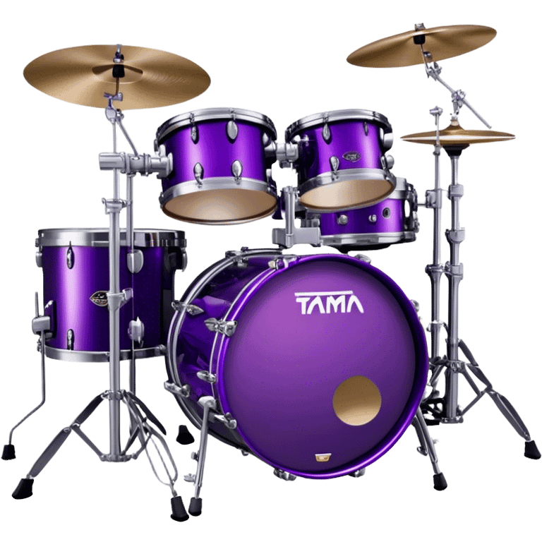  "Create a vibrant and detailed emoji representing Lars Ulrich's Tama Starclassic drum kit. The design should feature a sleek, glossy purple drum kit with glittering accents, including two large bass drums positioned side by side. The snare drum, toms, and cymbals should be clearly visible, with a high-shine finish that reflects the light. Add subtle musical notes around the kit to evoke rhythm and energy. Use a color palette of deep purple, black, silver, and sparkling accents to emphasize the unique look of this iconic setup. The background should be transparent. emoji