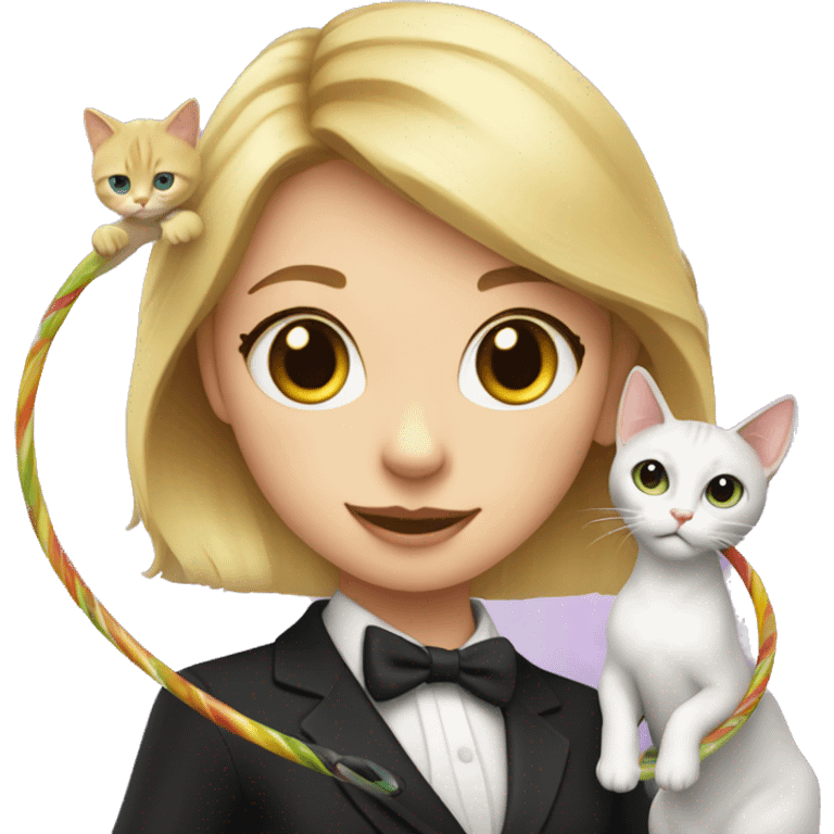 Blonde girl with hula hoop dancing with a small tuxedo cat emoji