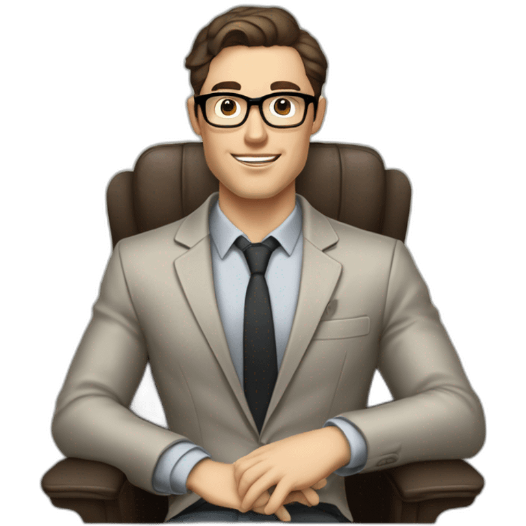 Pale skinned Fit Man With dark brown hair in gray jacket, beige office shirt and vintage glasses sitting In a soft chair with a notebook with emblem Ψ and a pen in his hands emoji