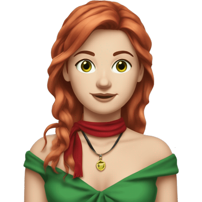 White caucasian woman in her 20s with long red layered hair and bangs green eyes freckles wearing a red dress, skinny scarf around the neck and holding a little black purse on her shoulder emoji