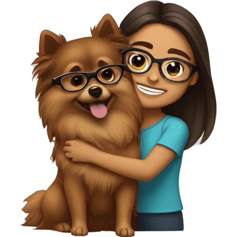 Hispanic girl with long Brown hair with glasses hugging  brown Pomeranian  emoji