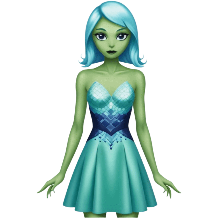 alien reptilian green skin woman, in short slim pastel blue formal party satin dress with gradient shiny sparkling navy blue diamonds embroidered  emoji