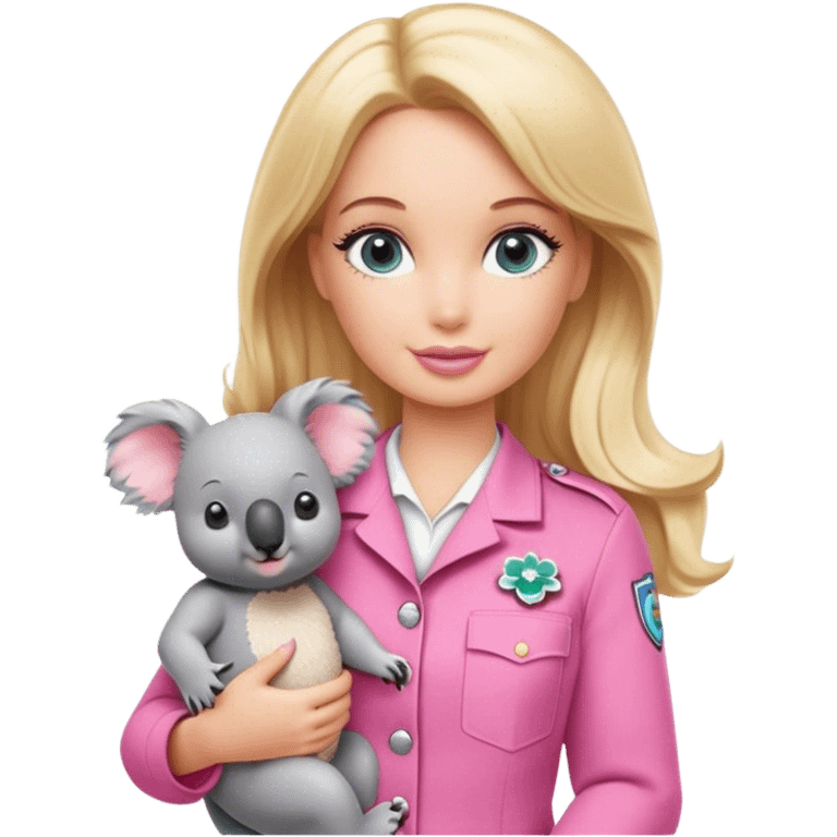 Blonde zookeeper Barbie, holding a koala, pink uniform emoji