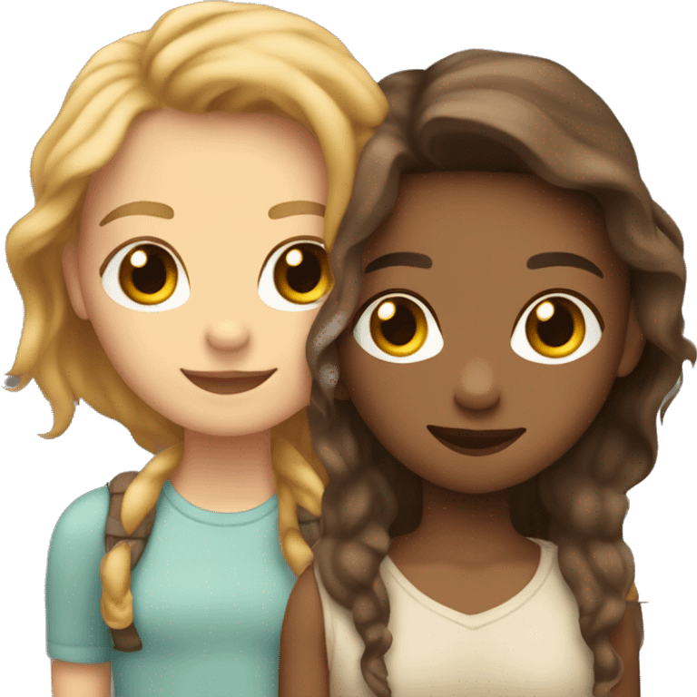 Two white best friends hugging one with wavy hair and the other with straight brown hair emoji