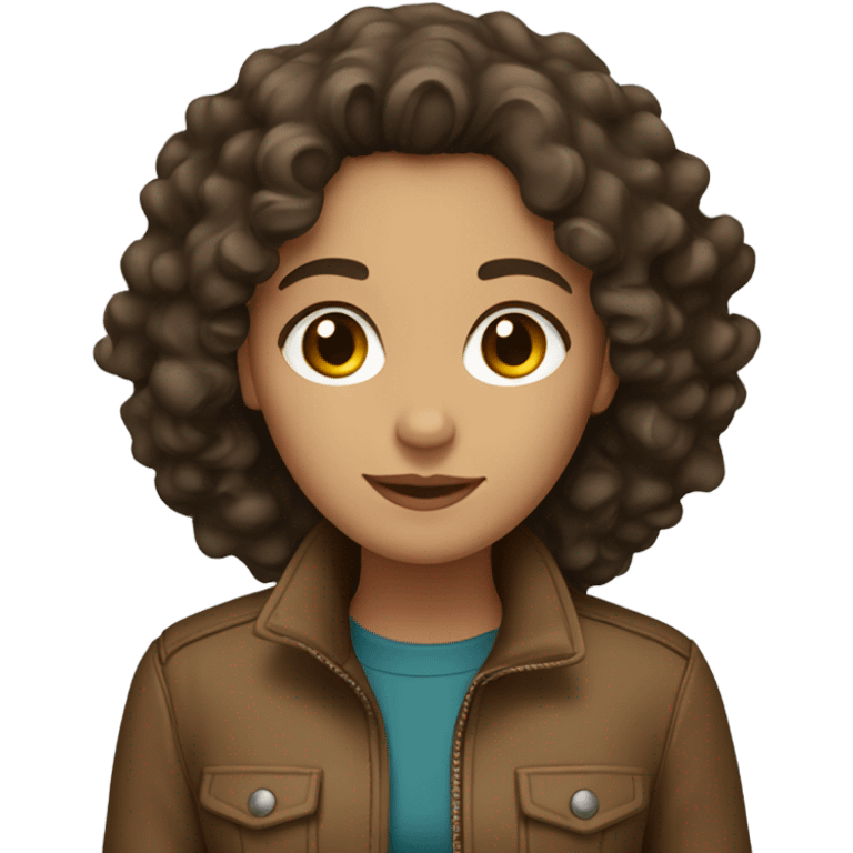 Brunette girl with curly hair and a brown jacket on emoji