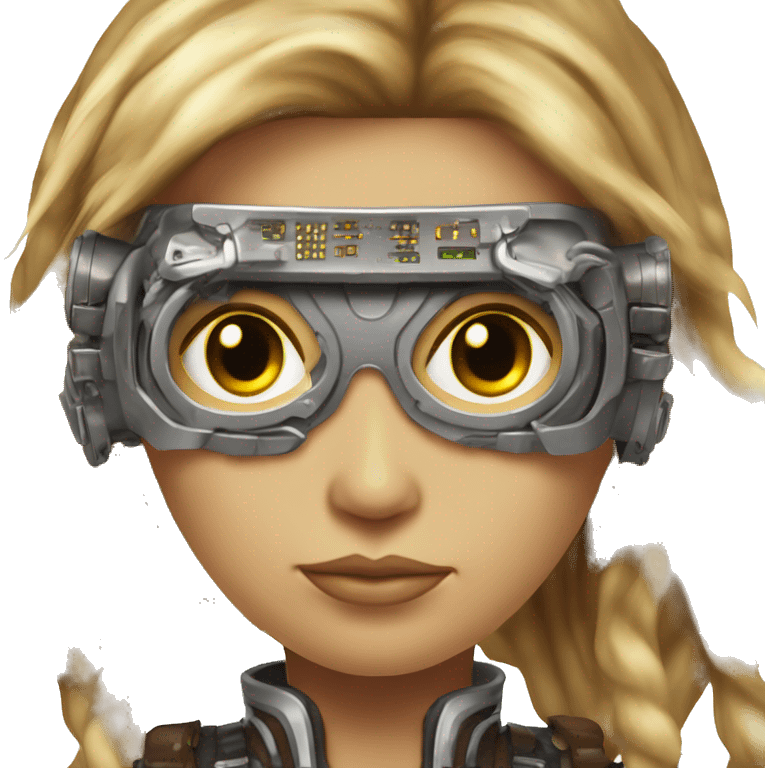 Brown long hair with blonde steaks female cyborg head, fair skin, steampunk goggles and circuits emoji