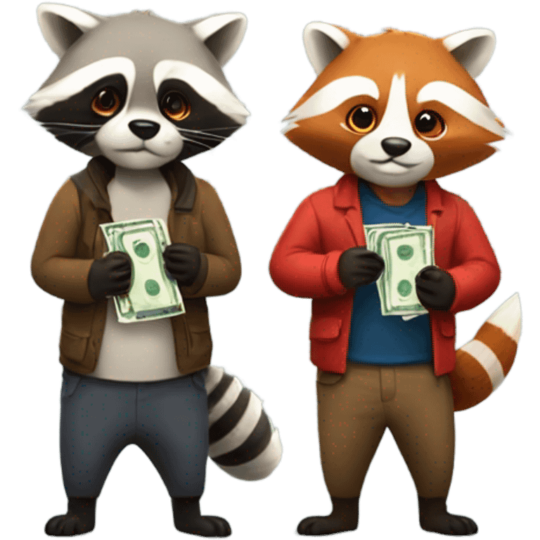 1 raccoon and 1 red panda each holding a bag of cash emoji